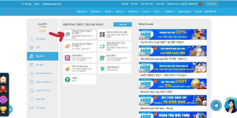 Hướng dẫn hội viên thực hiện nạp tiền vào tài khoản tại ví nhà cái